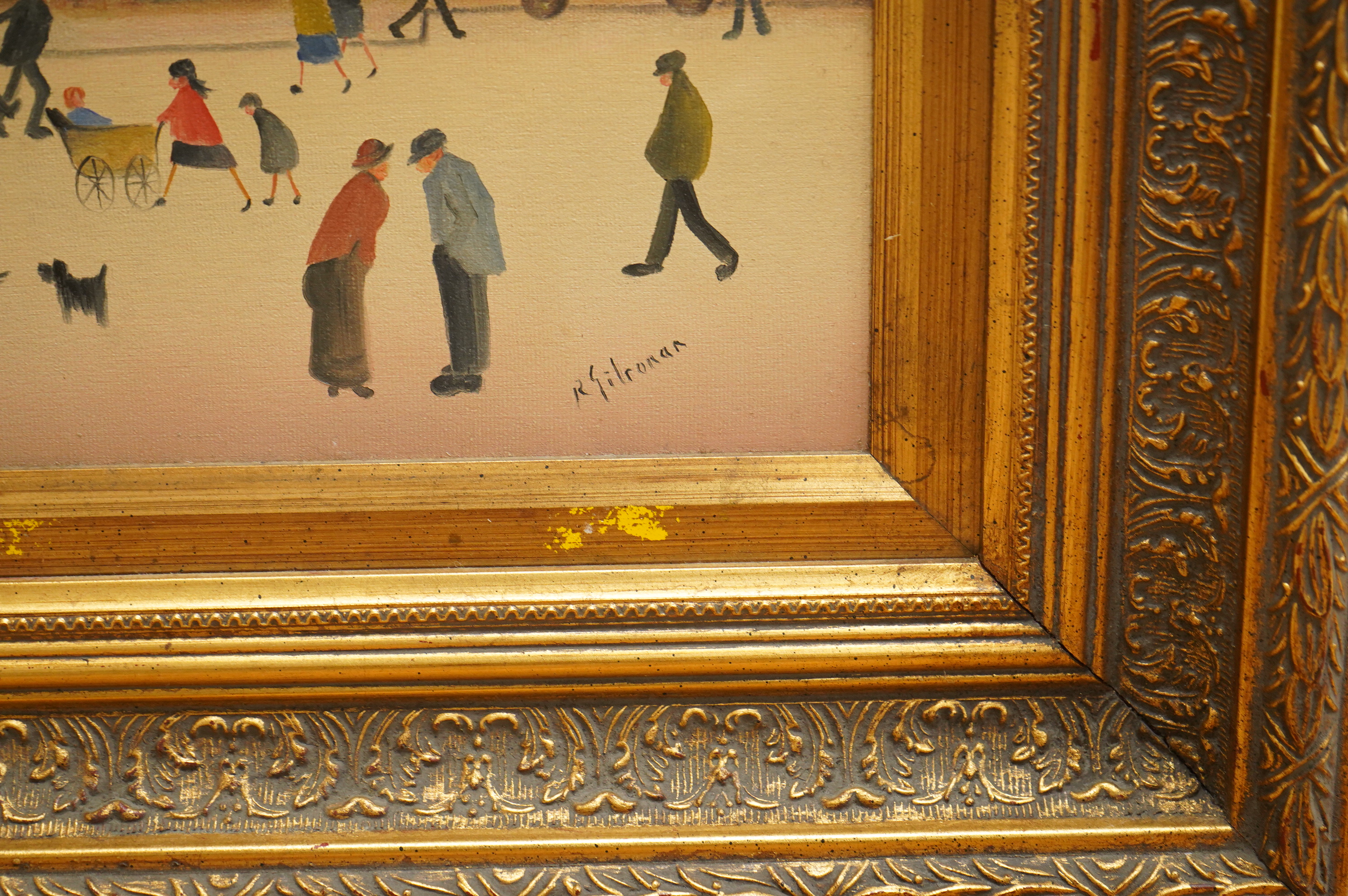 Raymond Gilronan (b.1950), In the manner of Laurence Stephen Lowry, Figures walking about, signed, oil on board, 39 x 49cm, gilt frame